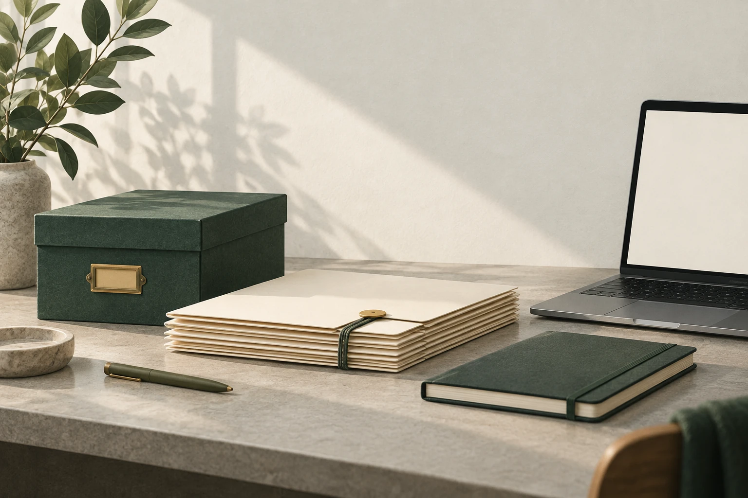 Illustration of neatly organized research folders, an archival box, a notebook, and a laptop with a blank screen.