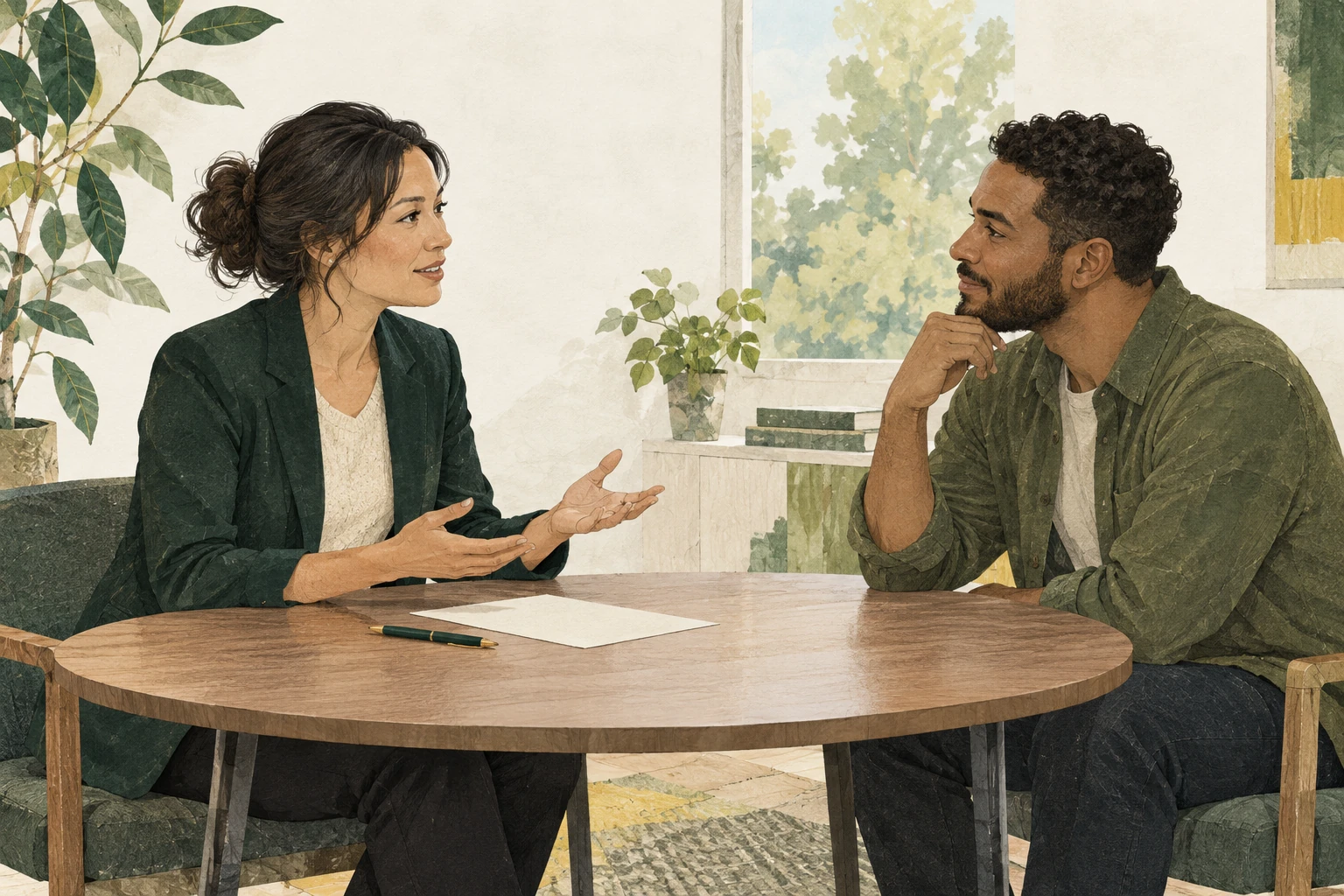 Illustration of a researcher discussing voluntary study participation with a prospective participant.