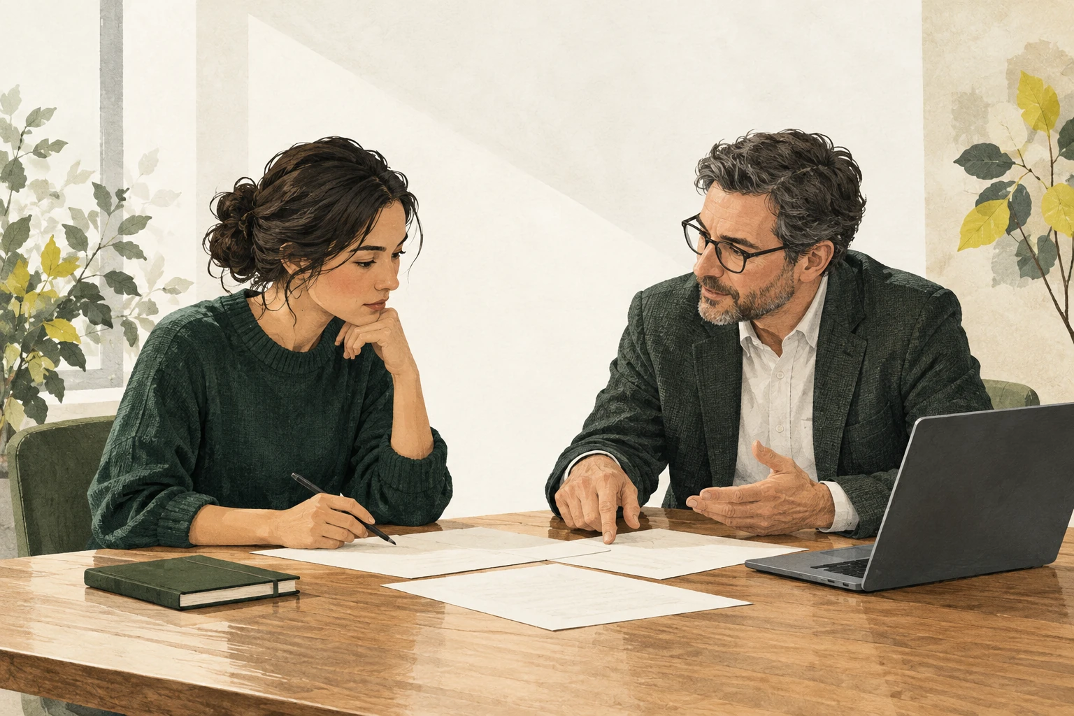 Illustration of a researcher and supervisor reviewing a proposed study together.