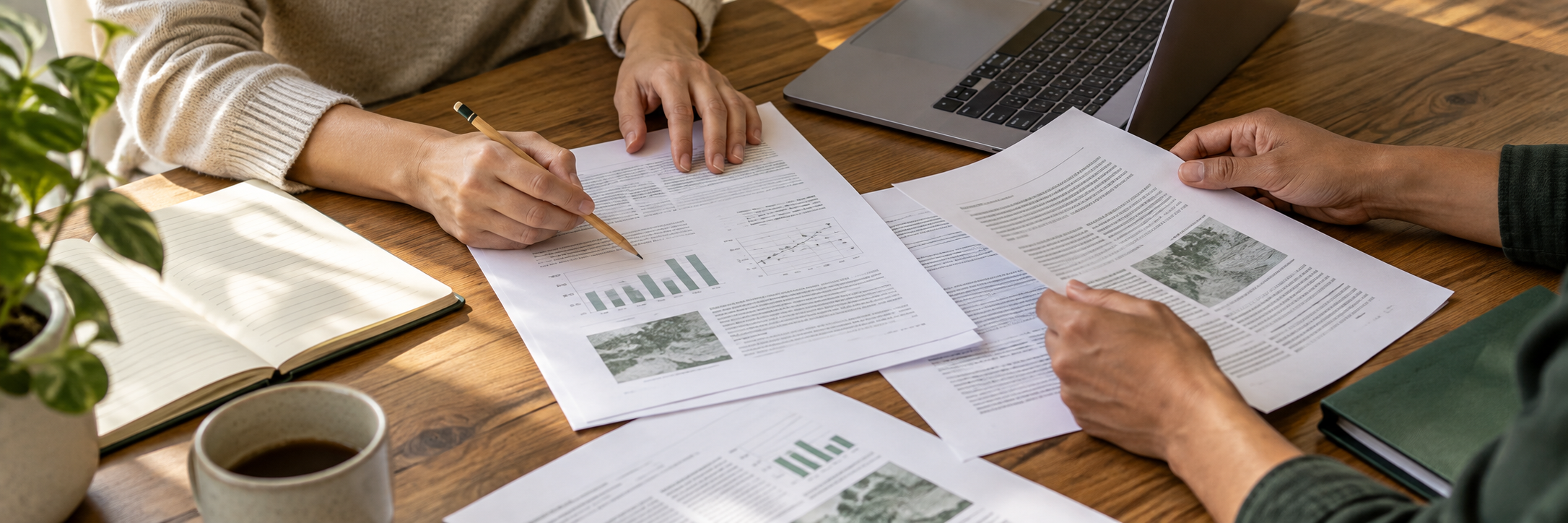 Illustration of researchers reviewing papers and data at a shared desk.